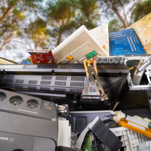 Electronic waste detail. Discarded computer hardware components on pile under trees with sunny sky